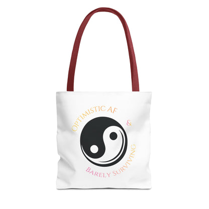 Yin Yang Tote — "Optimistic AF & Barely Surviving" Graphic Tote Bag