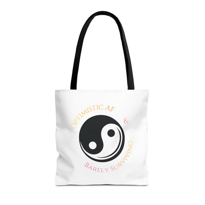 Yin Yang Tote — "Optimistic AF & Barely Surviving" Graphic Tote Bag