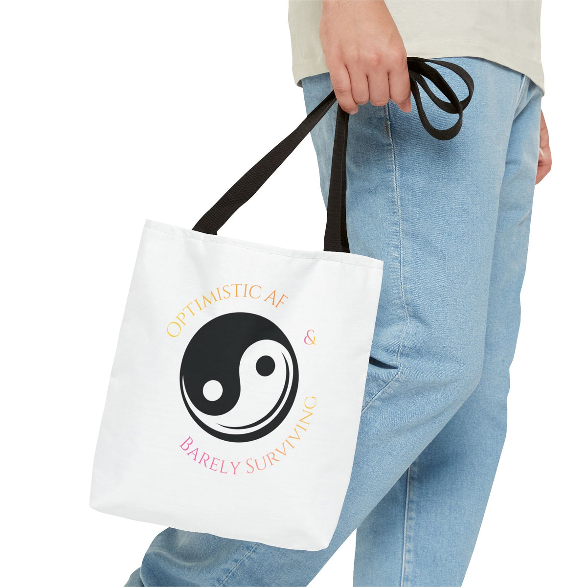 Yin Yang Tote — "Optimistic AF & Barely Surviving" Graphic Tote Bag