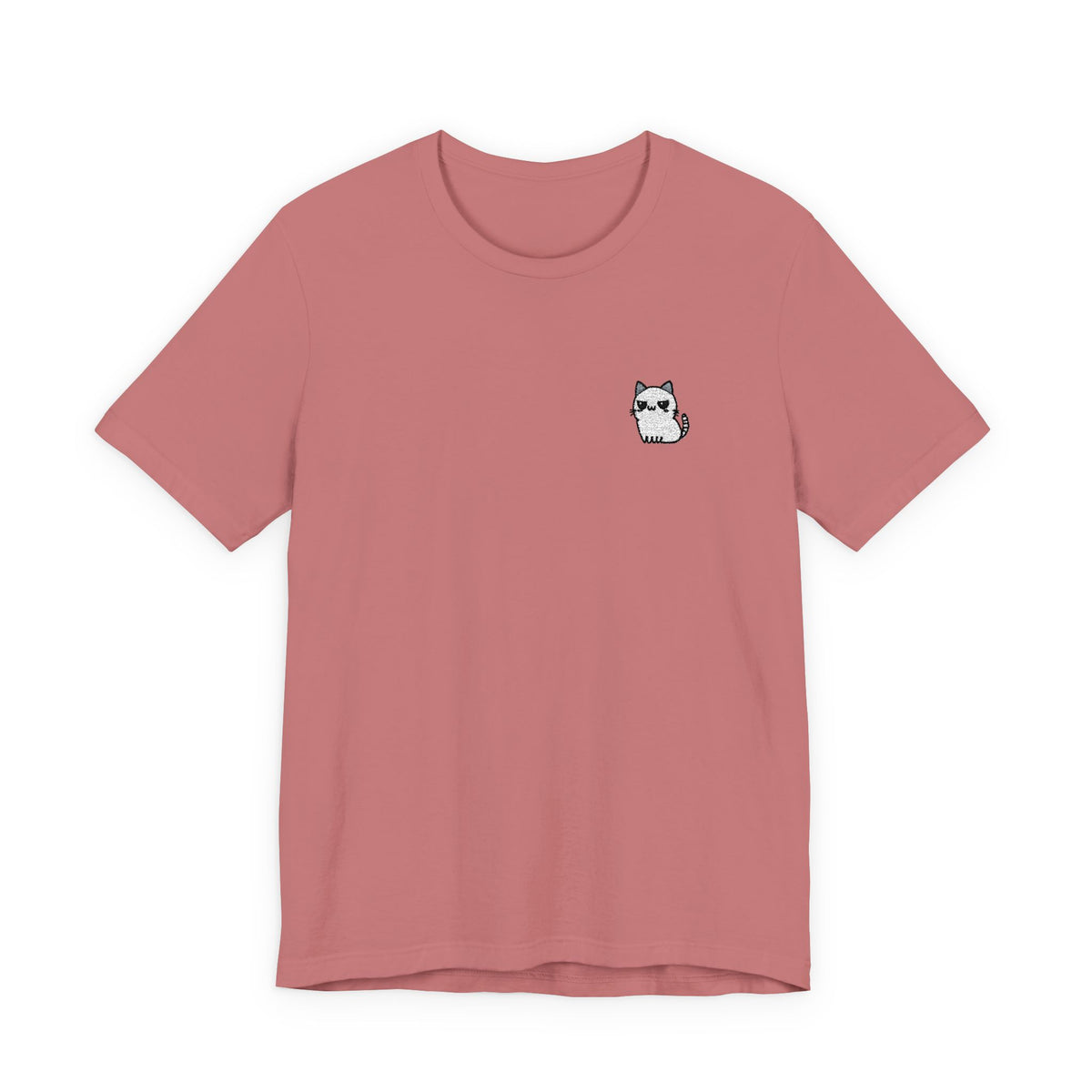 Minimal Husky Chest Tee — Small Cat Portrait Graphic T-Shirt (Embroidered)