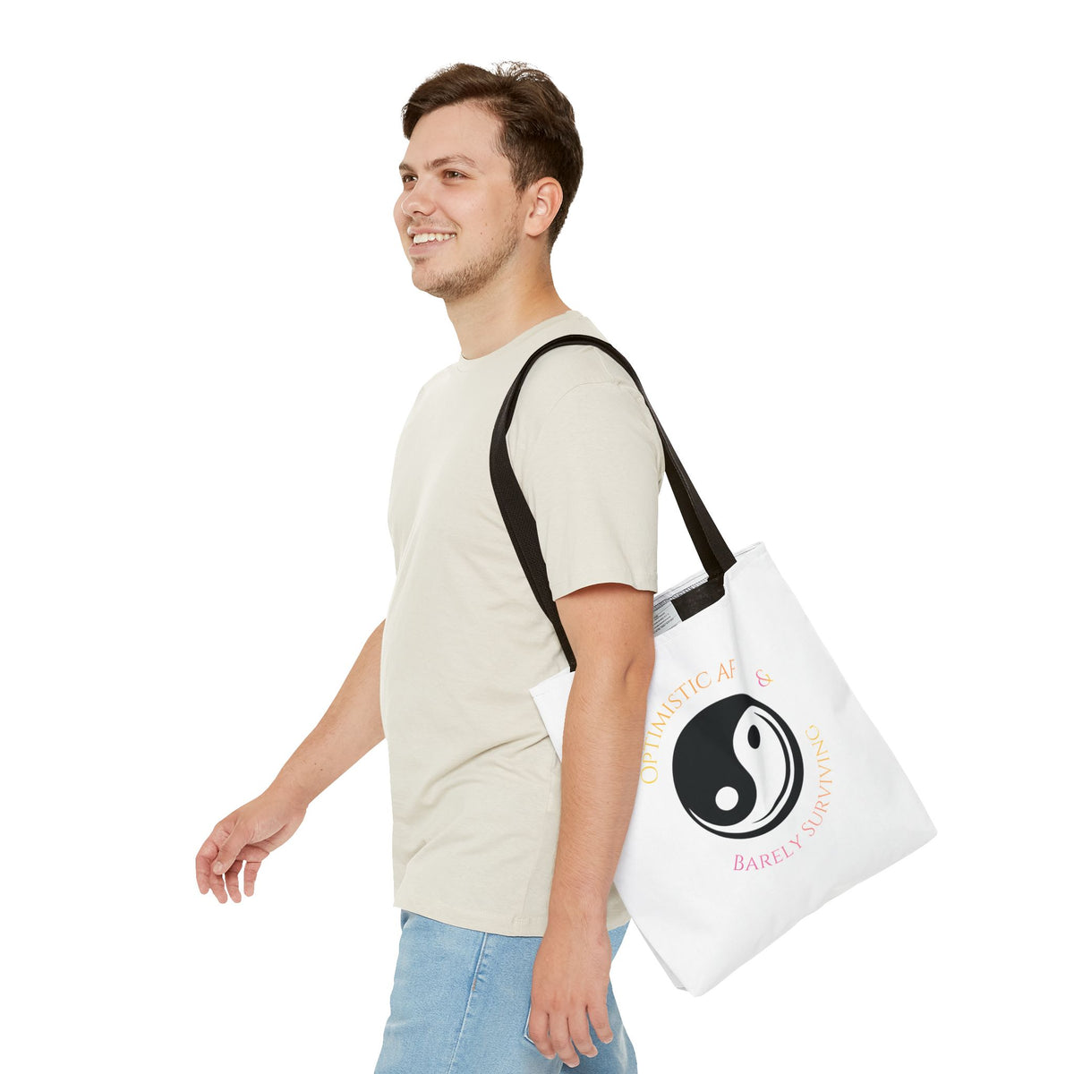 Yin Yang Tote — "Optimistic AF & Barely Surviving" Graphic Tote Bag