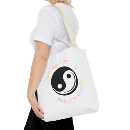 Yin Yang Tote — "Optimistic AF & Barely Surviving" Graphic Tote Bag