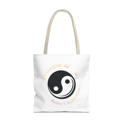 Yin Yang Tote — "Optimistic AF & Barely Surviving" Graphic Tote Bag