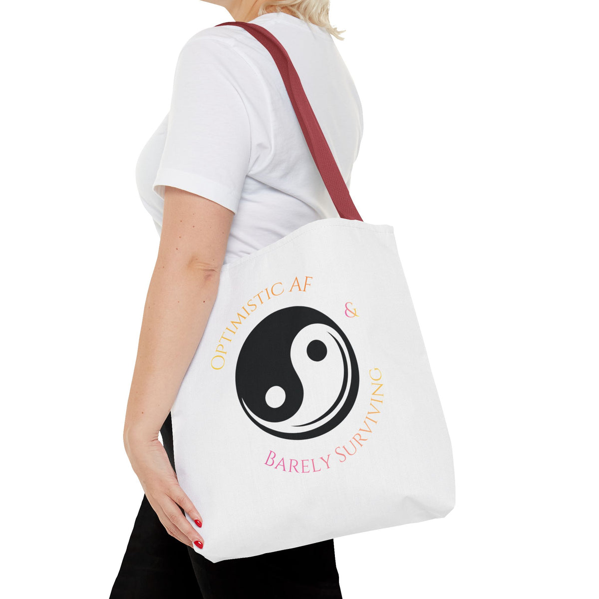 Yin Yang Tote — "Optimistic AF & Barely Surviving" Graphic Tote Bag