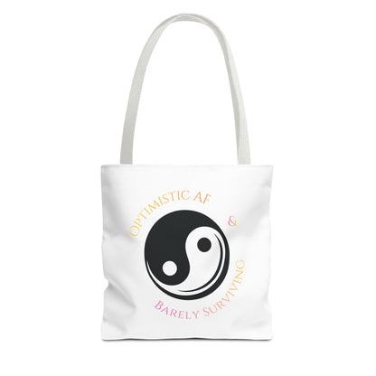 Yin Yang Tote — "Optimistic AF & Barely Surviving" Graphic Tote Bag