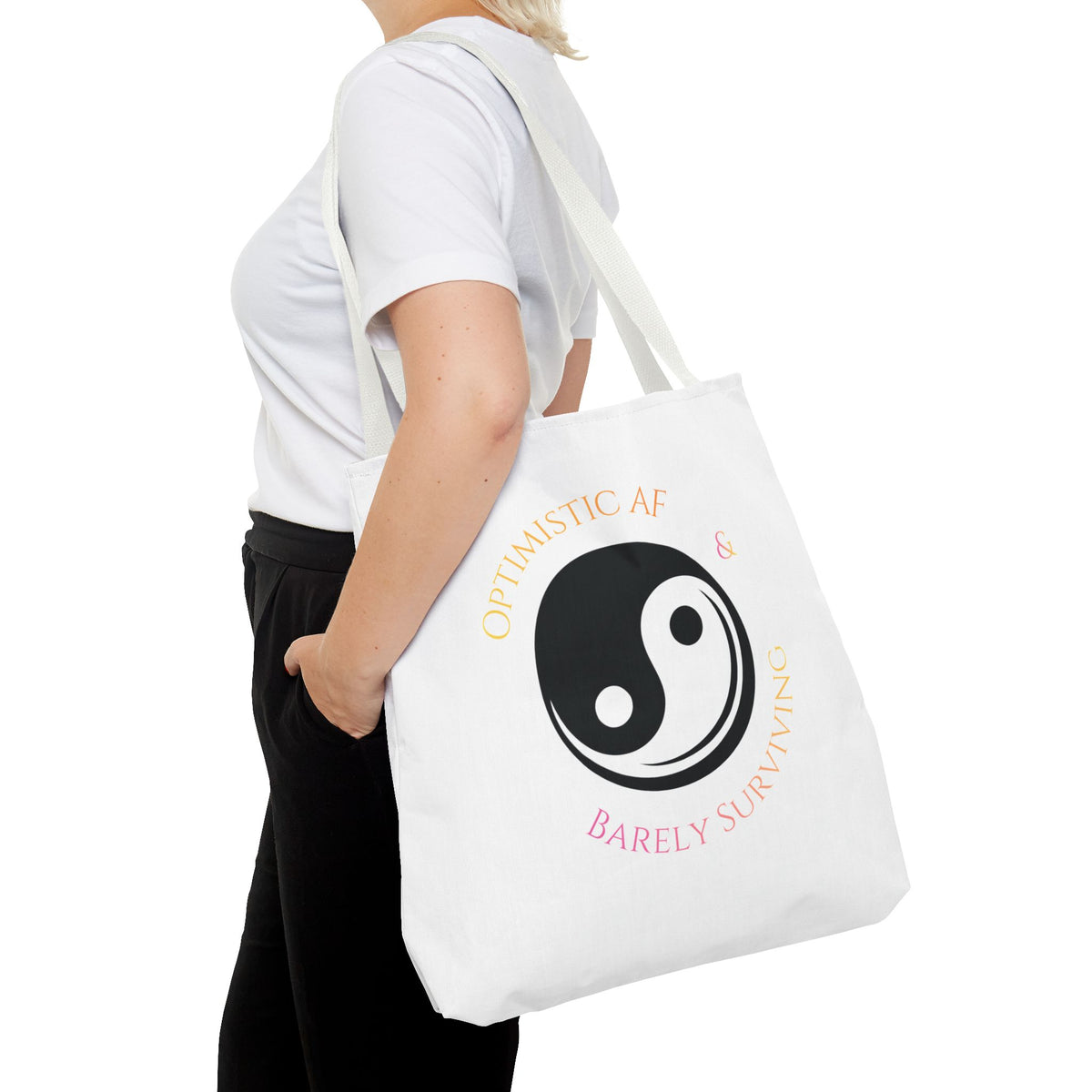 Yin Yang Tote — "Optimistic AF & Barely Surviving" Graphic Tote Bag