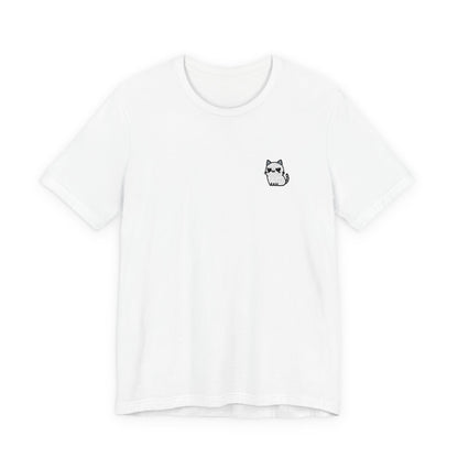 Minimal Husky Chest Tee — Small Cat Portrait Graphic T-Shirt (Embroidered)