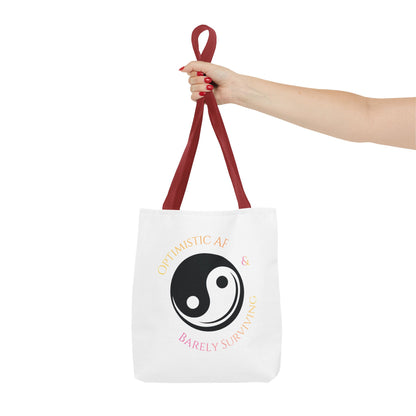 Yin Yang Tote — "Optimistic AF & Barely Surviving" Graphic Tote Bag