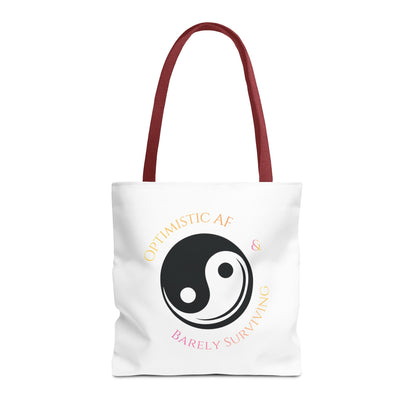 Yin Yang Tote — "Optimistic AF & Barely Surviving" Graphic Tote Bag