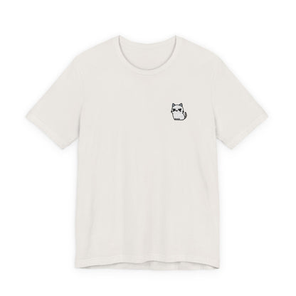 Minimal Husky Chest Tee — Small Cat Portrait Graphic T-Shirt (Embroidered)