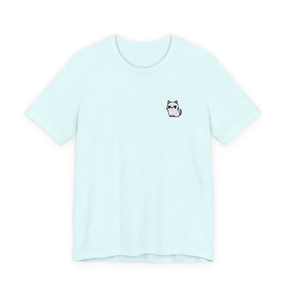 Minimal Husky Chest Tee — Small Cat Portrait Graphic T-Shirt (Embroidered)