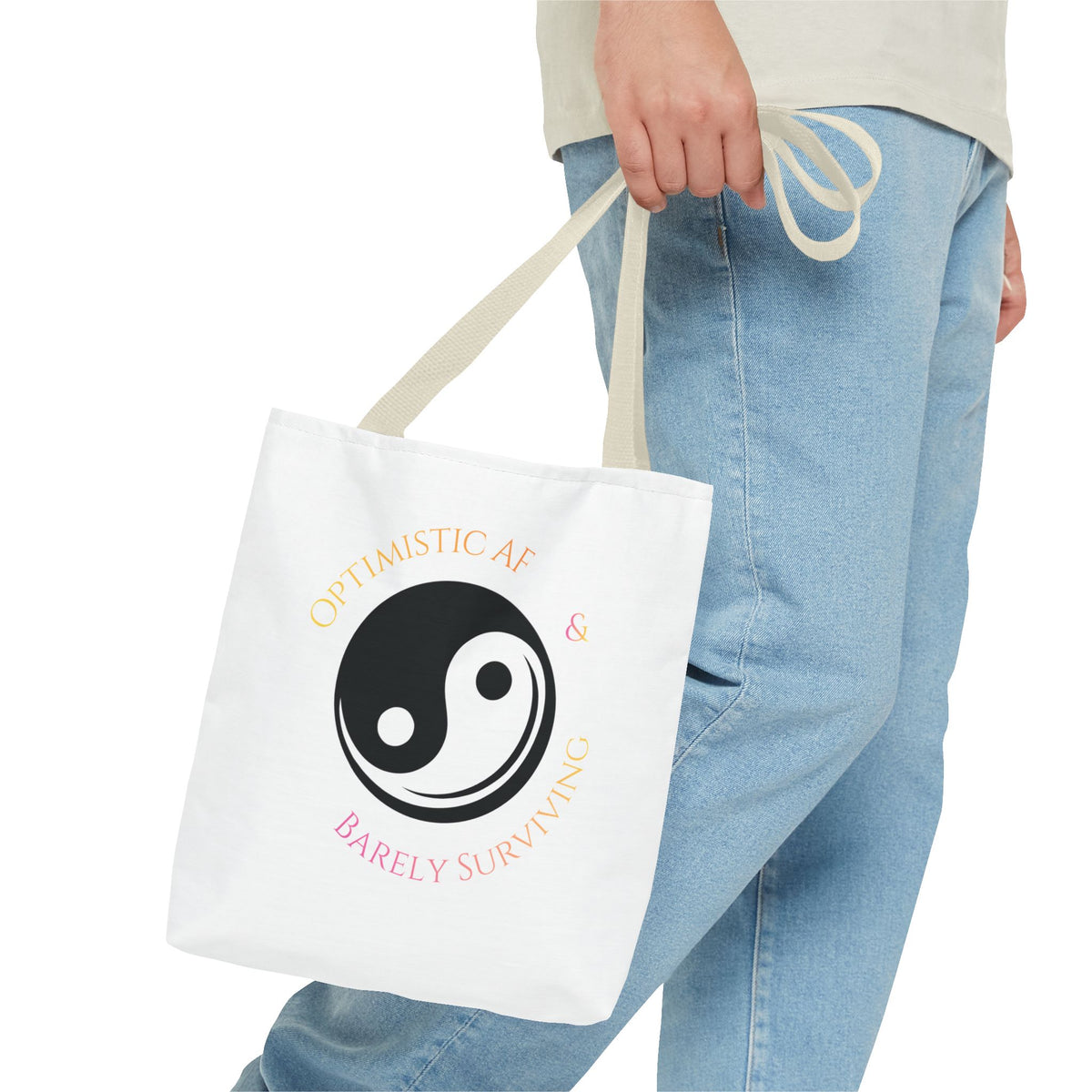 Yin Yang Tote — "Optimistic AF & Barely Surviving" Graphic Tote Bag