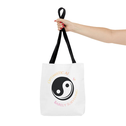 Yin Yang Tote — "Optimistic AF & Barely Surviving" Graphic Tote Bag
