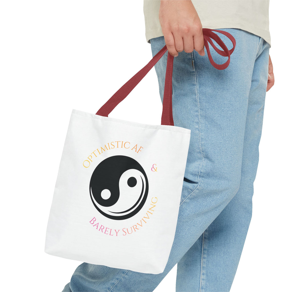Yin Yang Tote — "Optimistic AF & Barely Surviving" Graphic Tote Bag