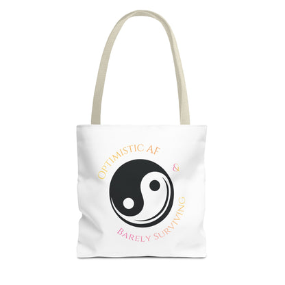 Yin Yang Tote — "Optimistic AF & Barely Surviving" Graphic Tote Bag