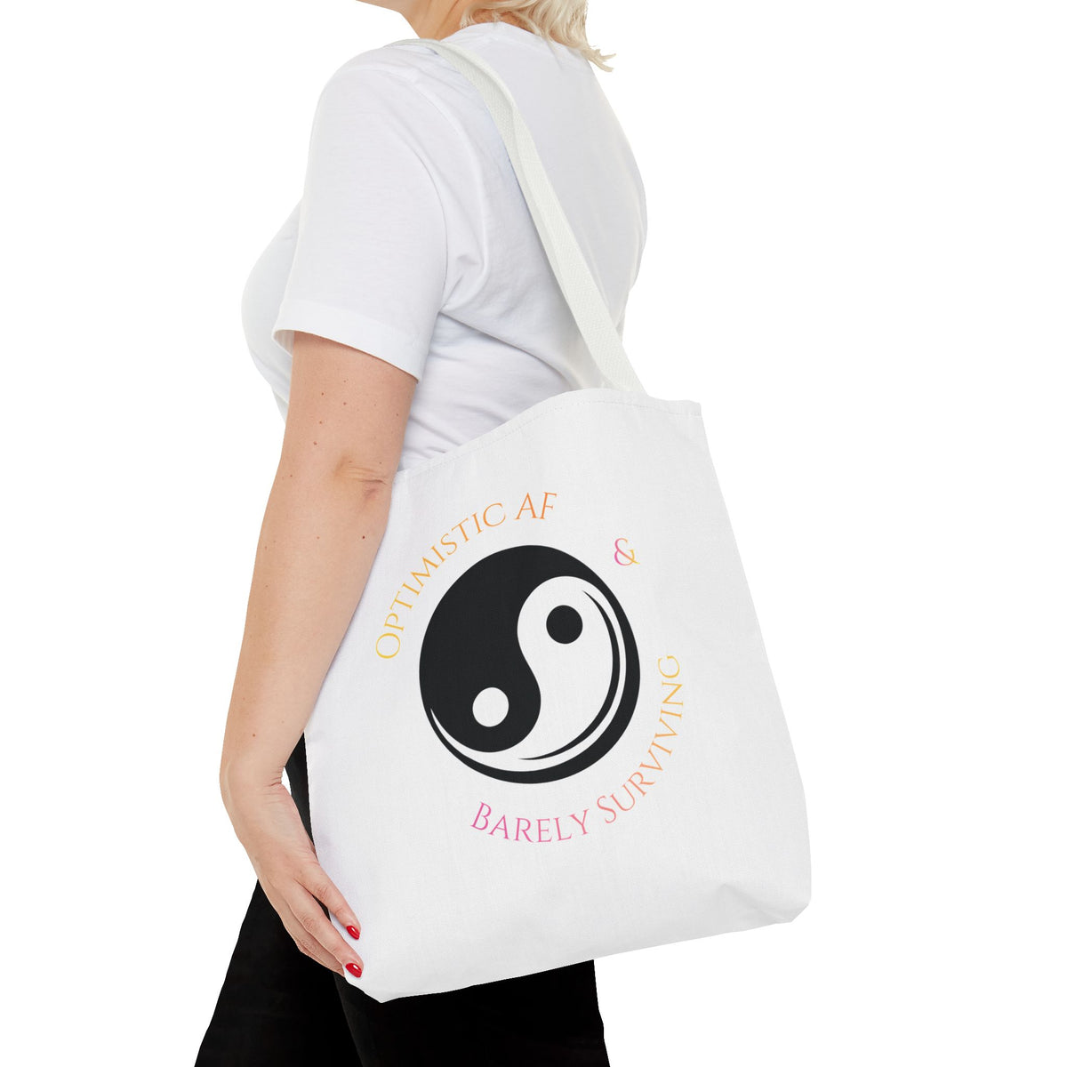 Yin Yang Tote — "Optimistic AF & Barely Surviving" Graphic Tote Bag