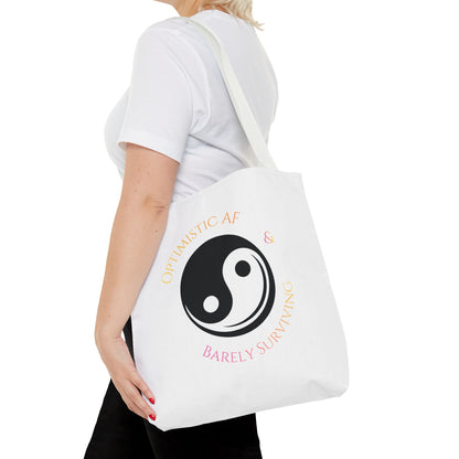 Yin Yang Tote — "Optimistic AF & Barely Surviving" Graphic Tote Bag