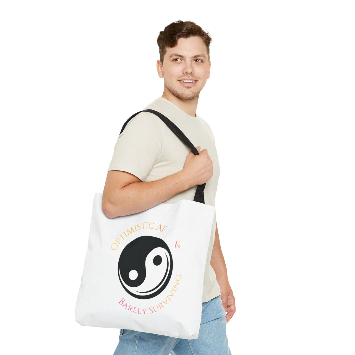 Yin Yang Tote — "Optimistic AF & Barely Surviving" Graphic Tote Bag