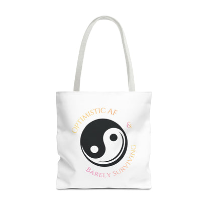 Yin Yang Tote — "Optimistic AF & Barely Surviving" Graphic Tote Bag