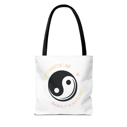 Yin Yang Tote — "Optimistic AF & Barely Surviving" Graphic Tote Bag