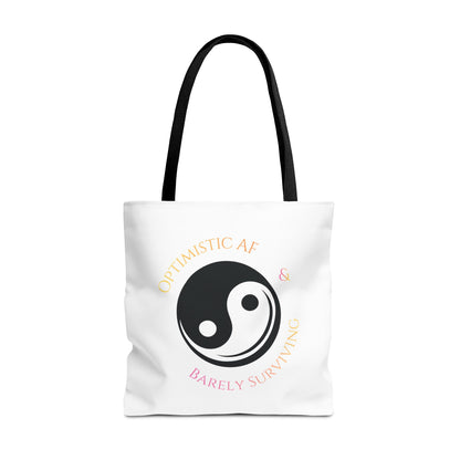 Yin Yang Tote — "Optimistic AF & Barely Surviving" Graphic Tote Bag