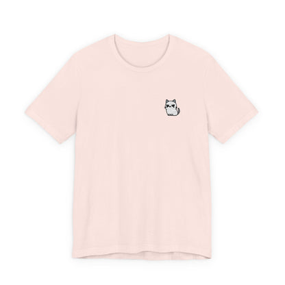 Minimal Husky Chest Tee — Small Cat Portrait Graphic T-Shirt (Embroidered)