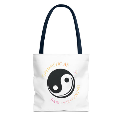 Yin Yang Tote — "Optimistic AF & Barely Surviving" Graphic Tote Bag